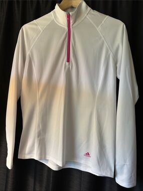 adidas White 1/4 Zip Long Sleeve Top with Pink Accents